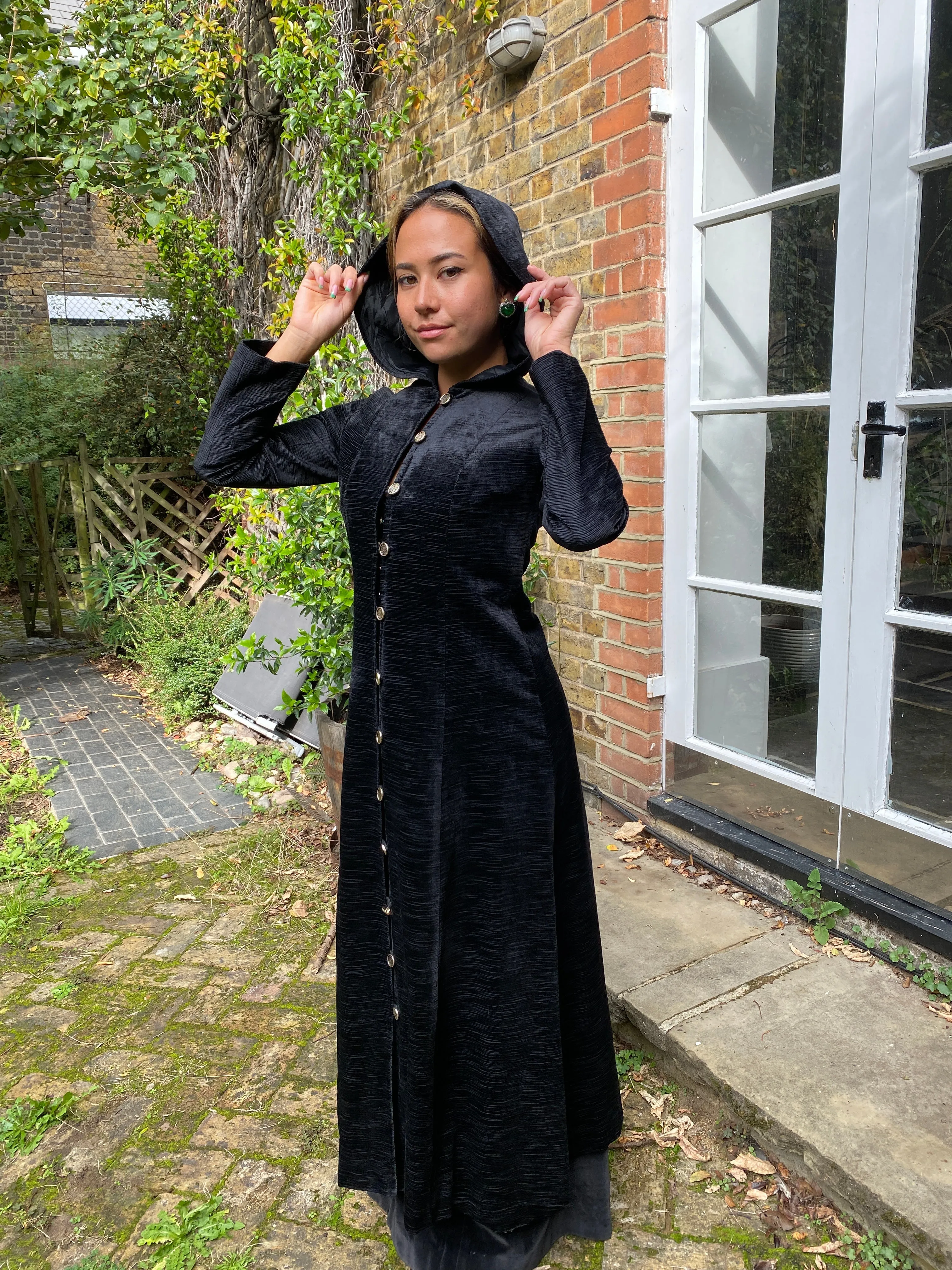 1960s Jeff Banks Clobber Black Velvet Hooded Coat