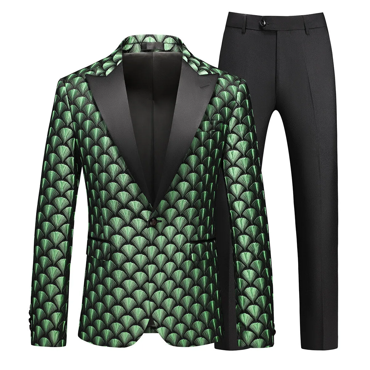 2-Piece Men's Printed Fish Scale One-Button Suit Green