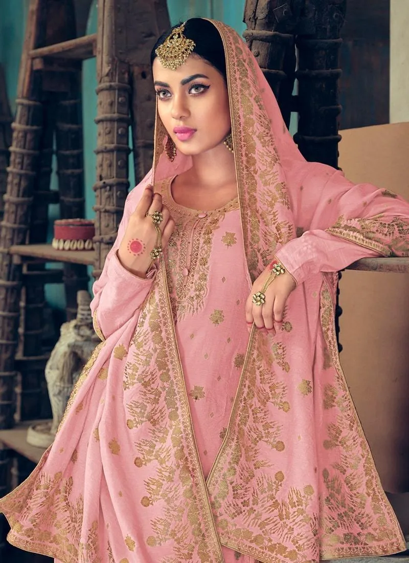 Aesthetic Blush Pink Color Jacquard Silk Fabric Palazzo Salwar Suit