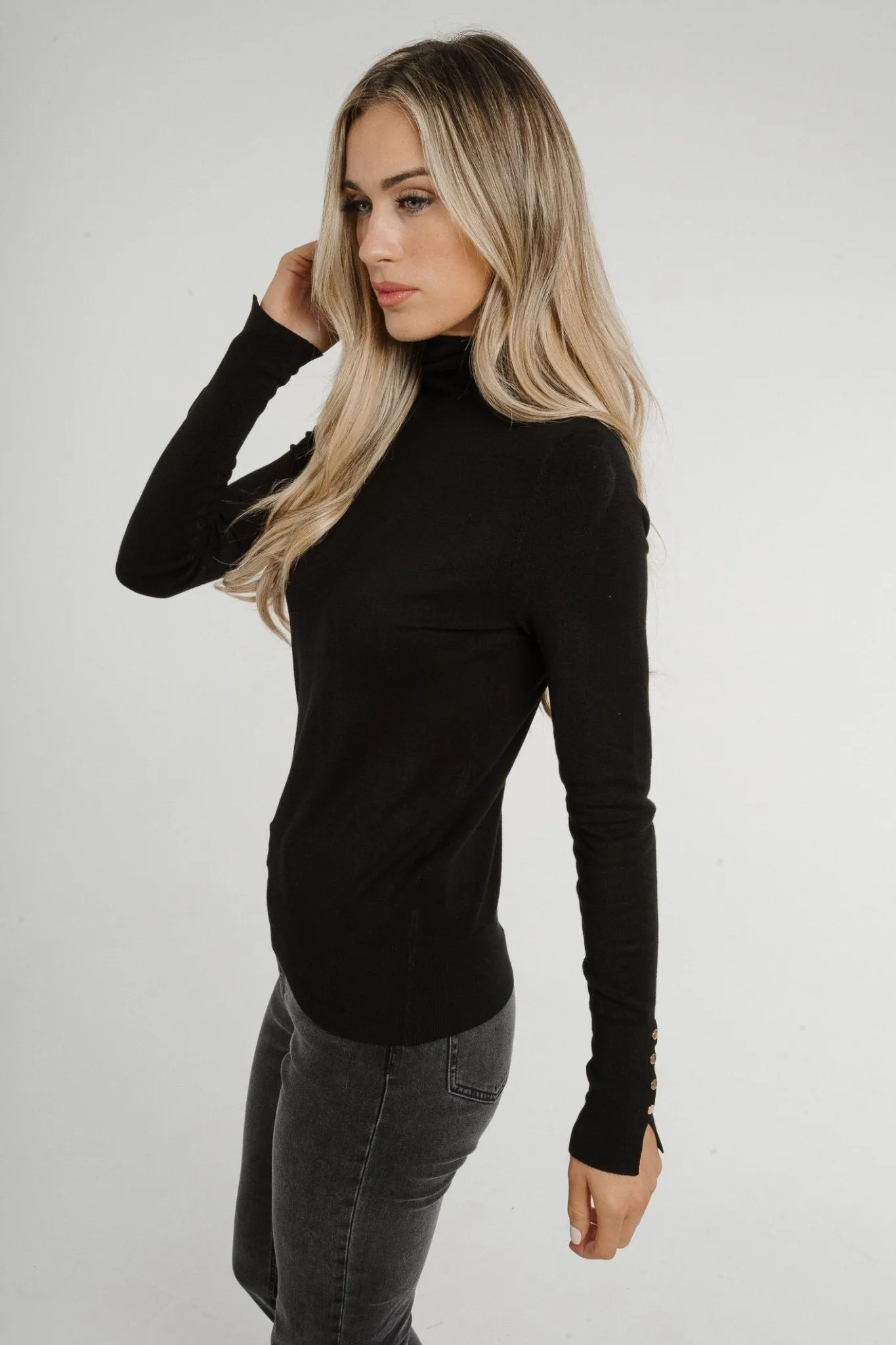 Ally Button Cuff Polo Neck In Black