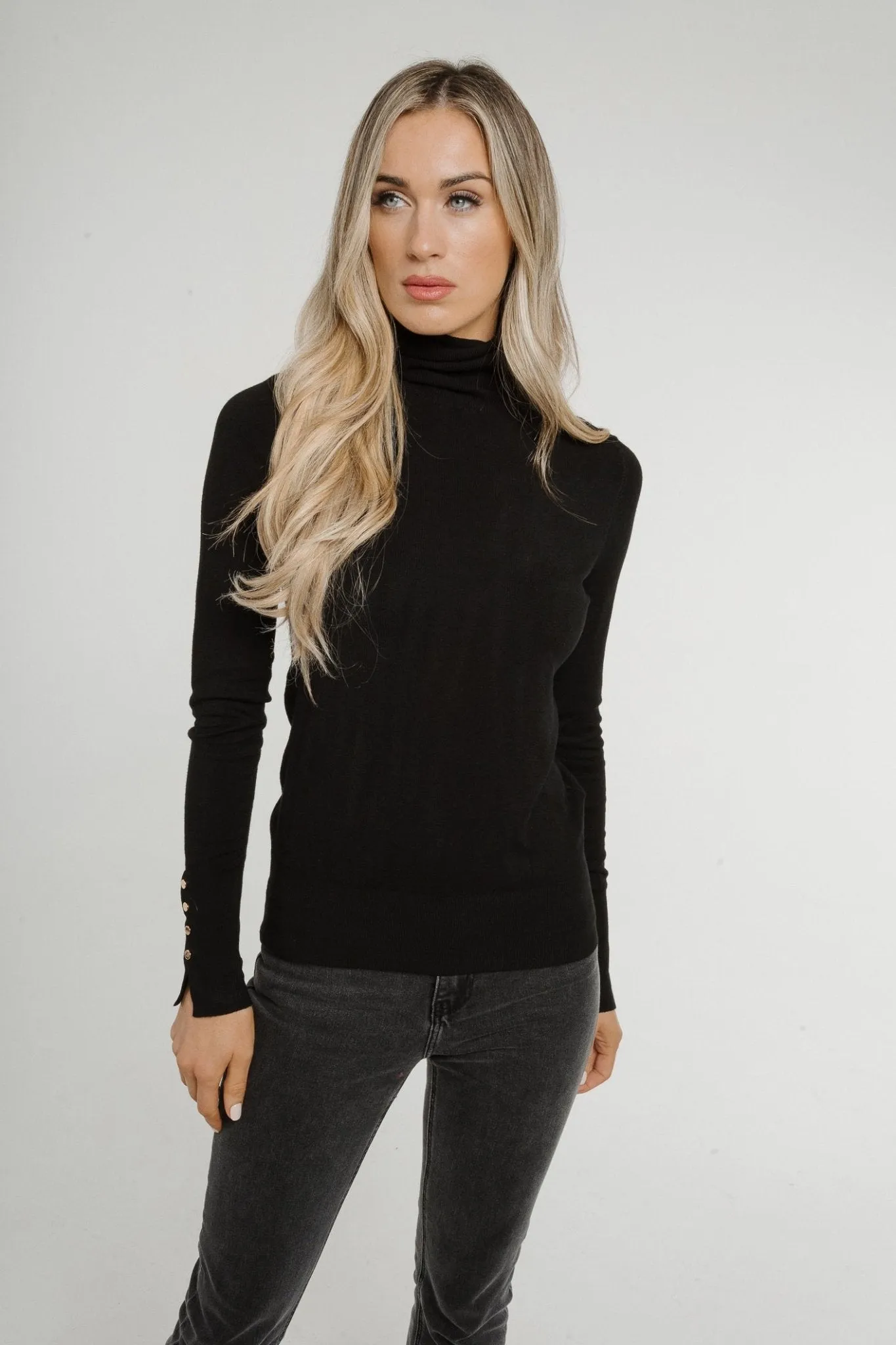 Ally Button Cuff Polo Neck In Black