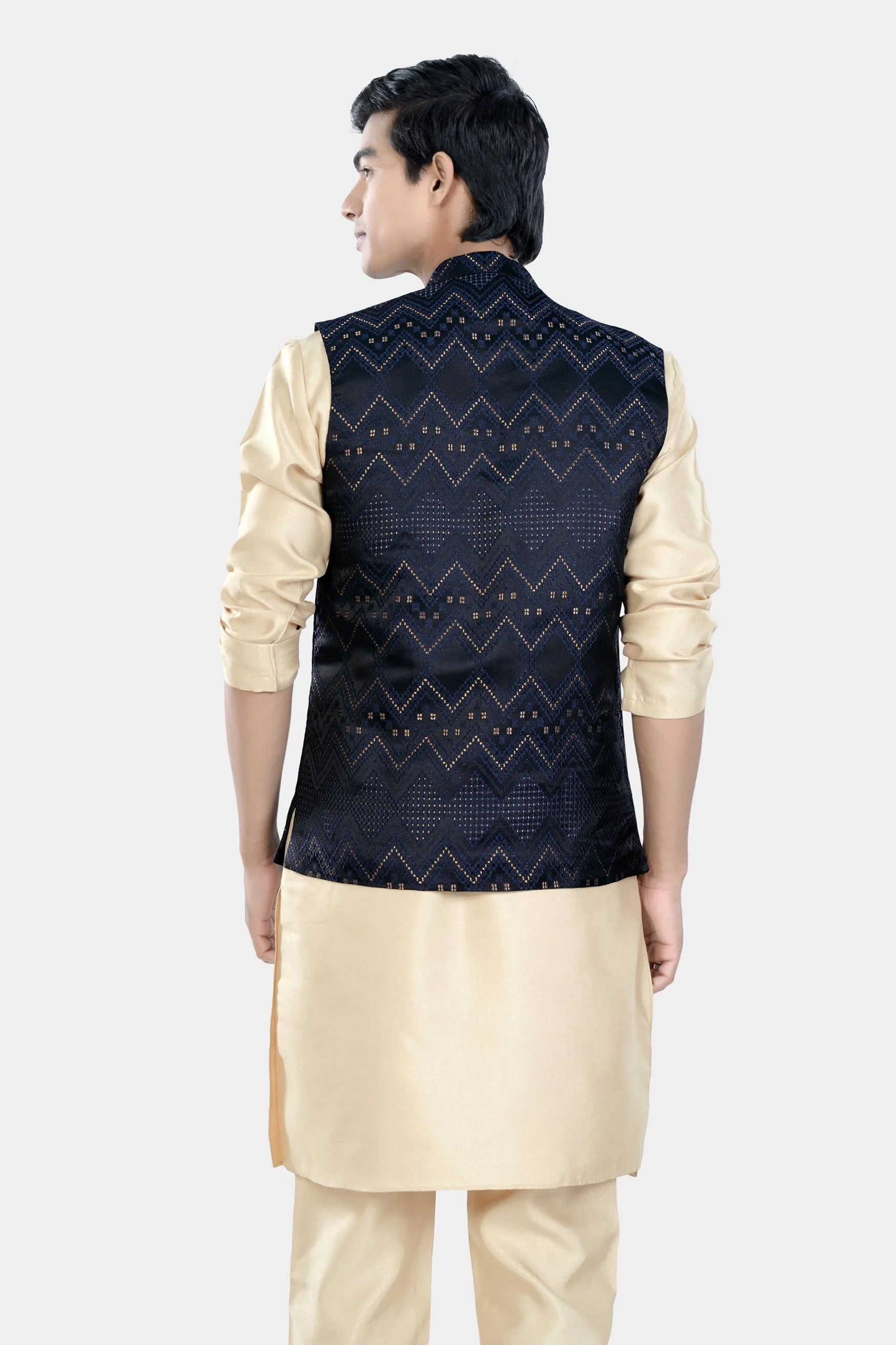 Almond Brown Kurta Set with Bunker and Cloud Burst Blue Chevron Thread Embroidered Designer Nehru Jacket