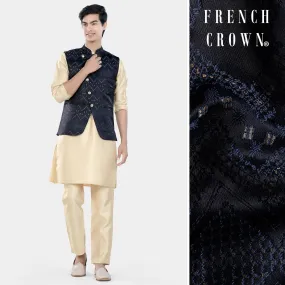 Almond Brown Kurta Set with Bunker and Cloud Burst Blue Chevron Thread Embroidered Designer Nehru Jacket