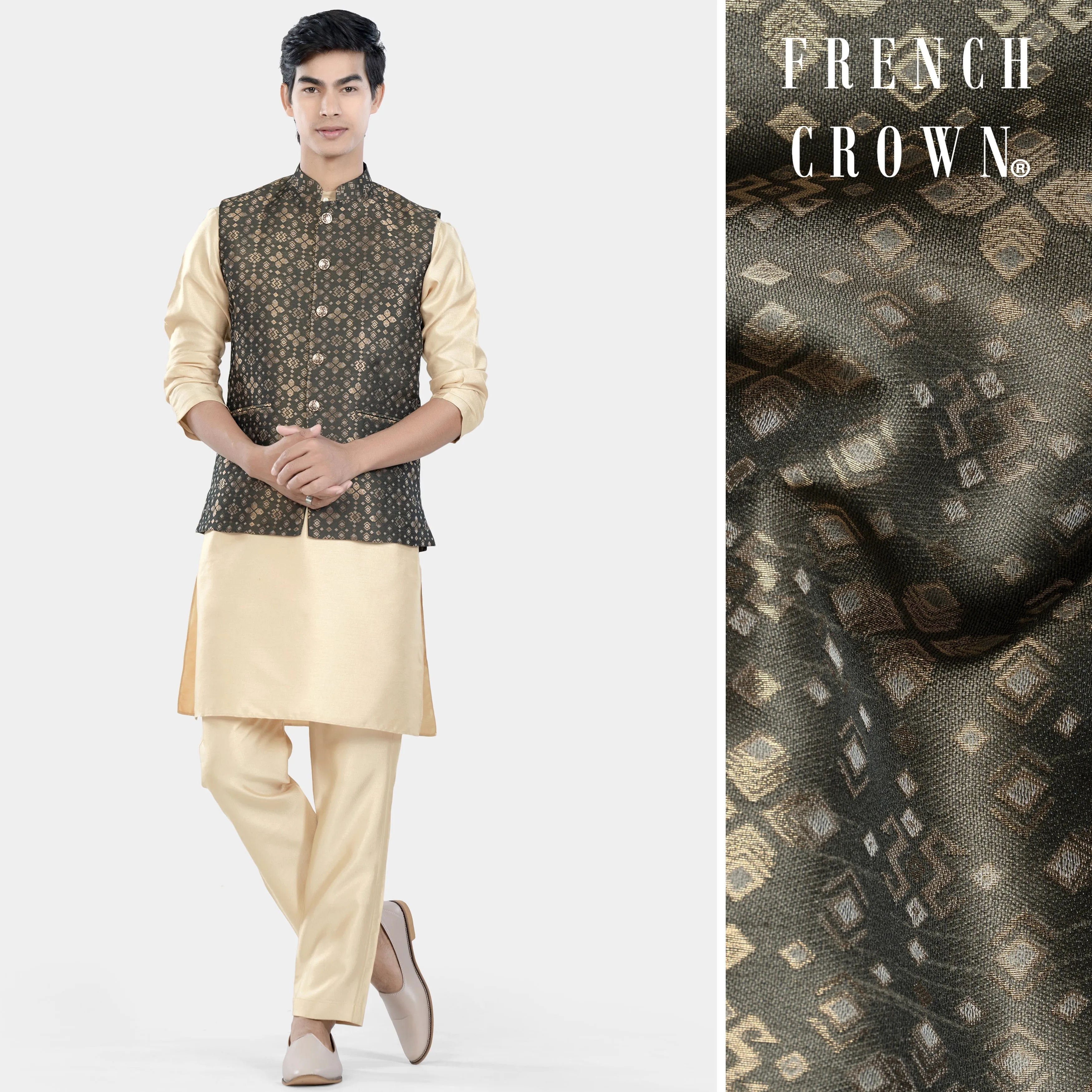 Almond Brown Kurta Set with Fuscous Green and Mongoose Brown Floral Jacquard Textured Designer Nehru Jacket