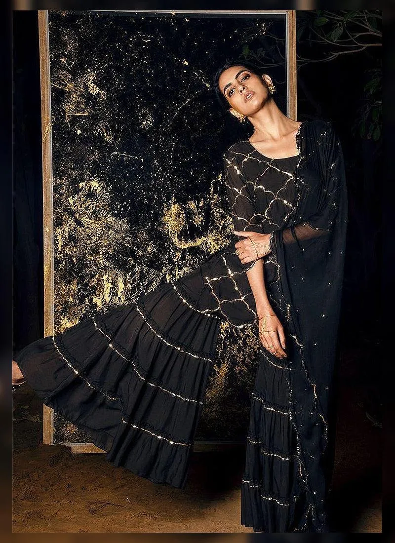 Amazing And Adorable Black Georgette Base Embroidered Sharara Suit