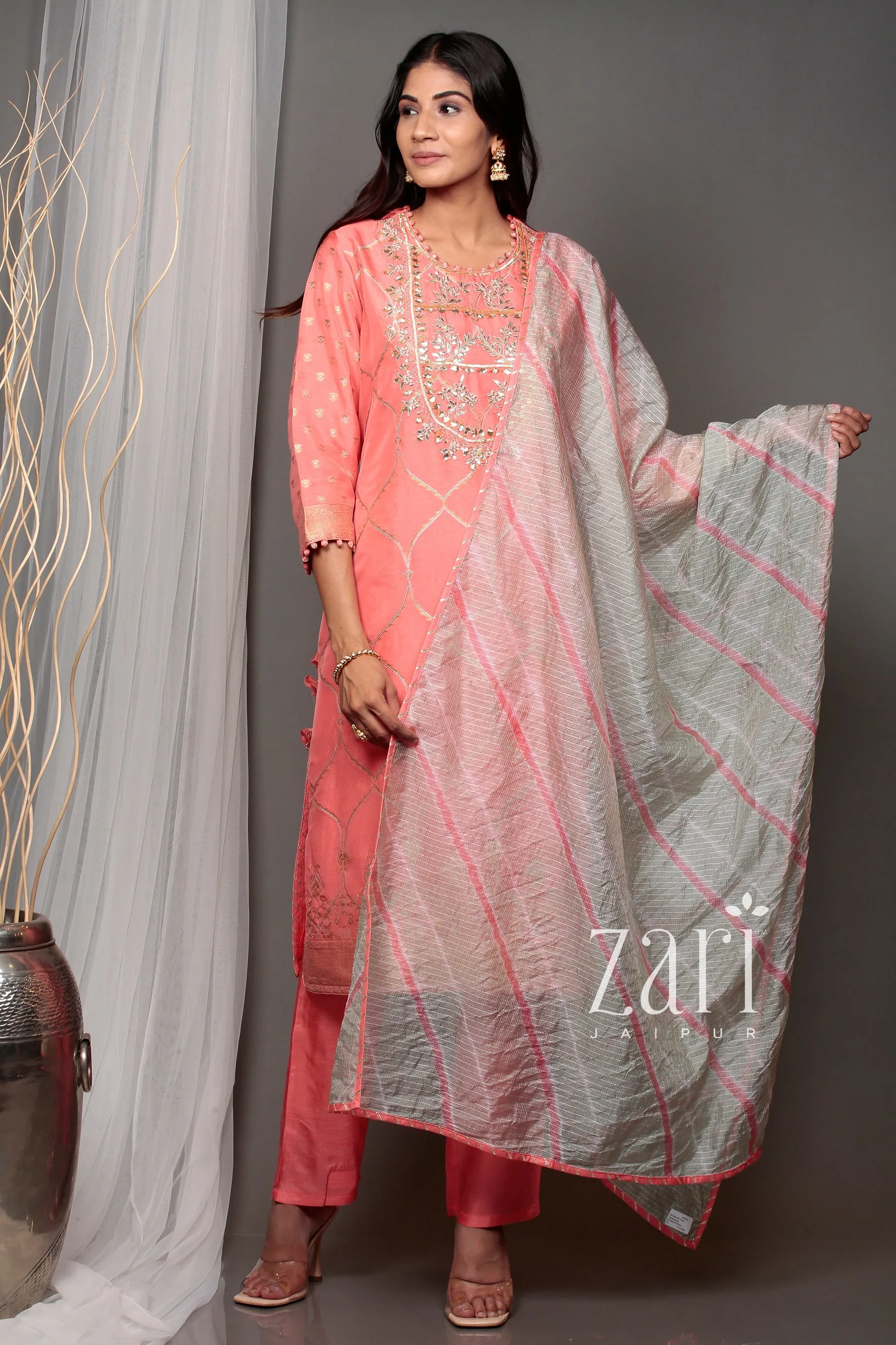 Banarsi Leheriya Banarasi brocade  Suit with Gota, Gota Patti, Pearl, Sequins, Zardozi work.