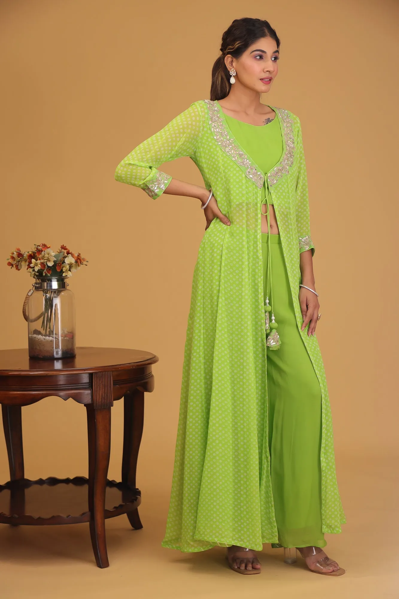 Bandhej Georgette Indowestern with Gota Patti work.