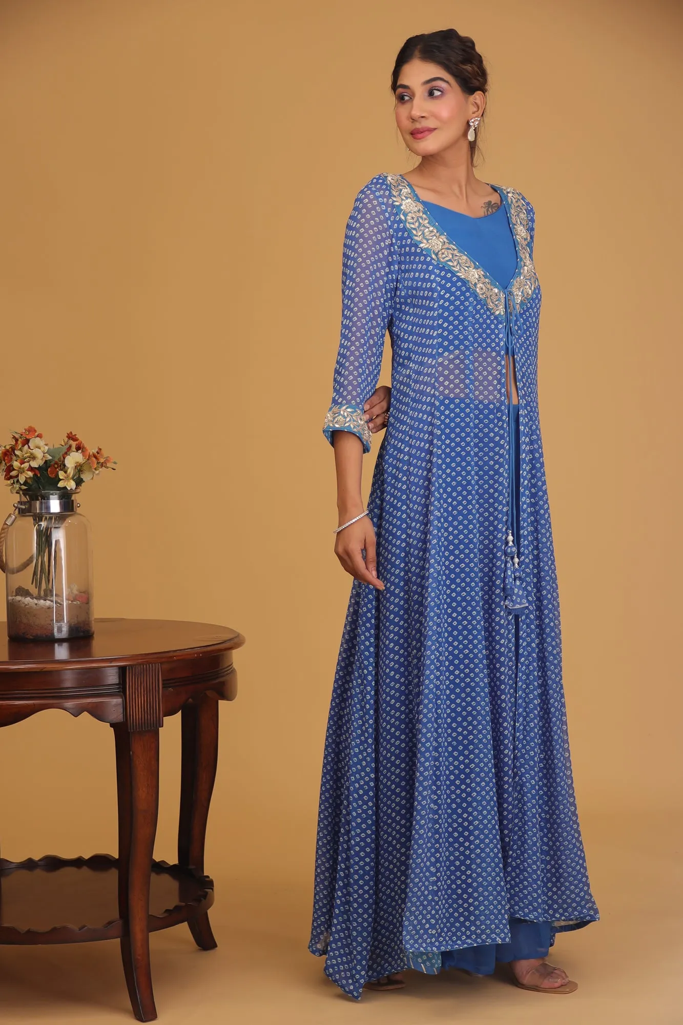 Bandhej Georgette Indowestern with Gota Patti work.