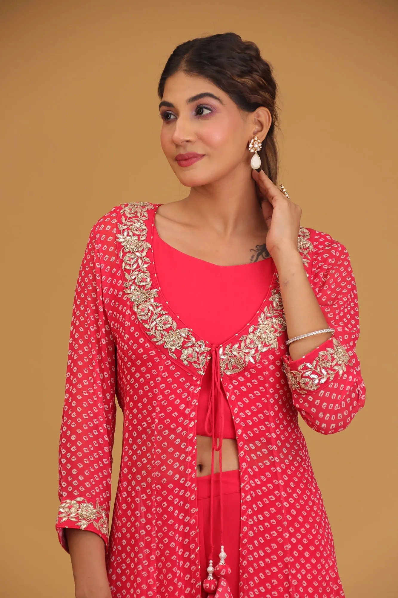 Bandhej Georgette Indowestern with Gota Patti work.