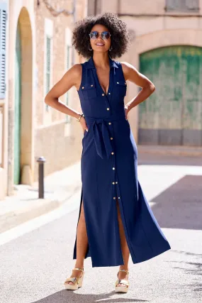 Beyond Travel Button Front Collared Maxi Dress Maritime Navy