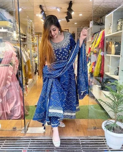 Blue Cotton Embroidered Gotta Lace Work Anarkali Suit Set