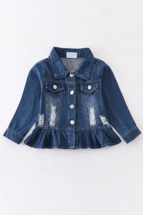 Blue ruffle girl distressed denim jacket