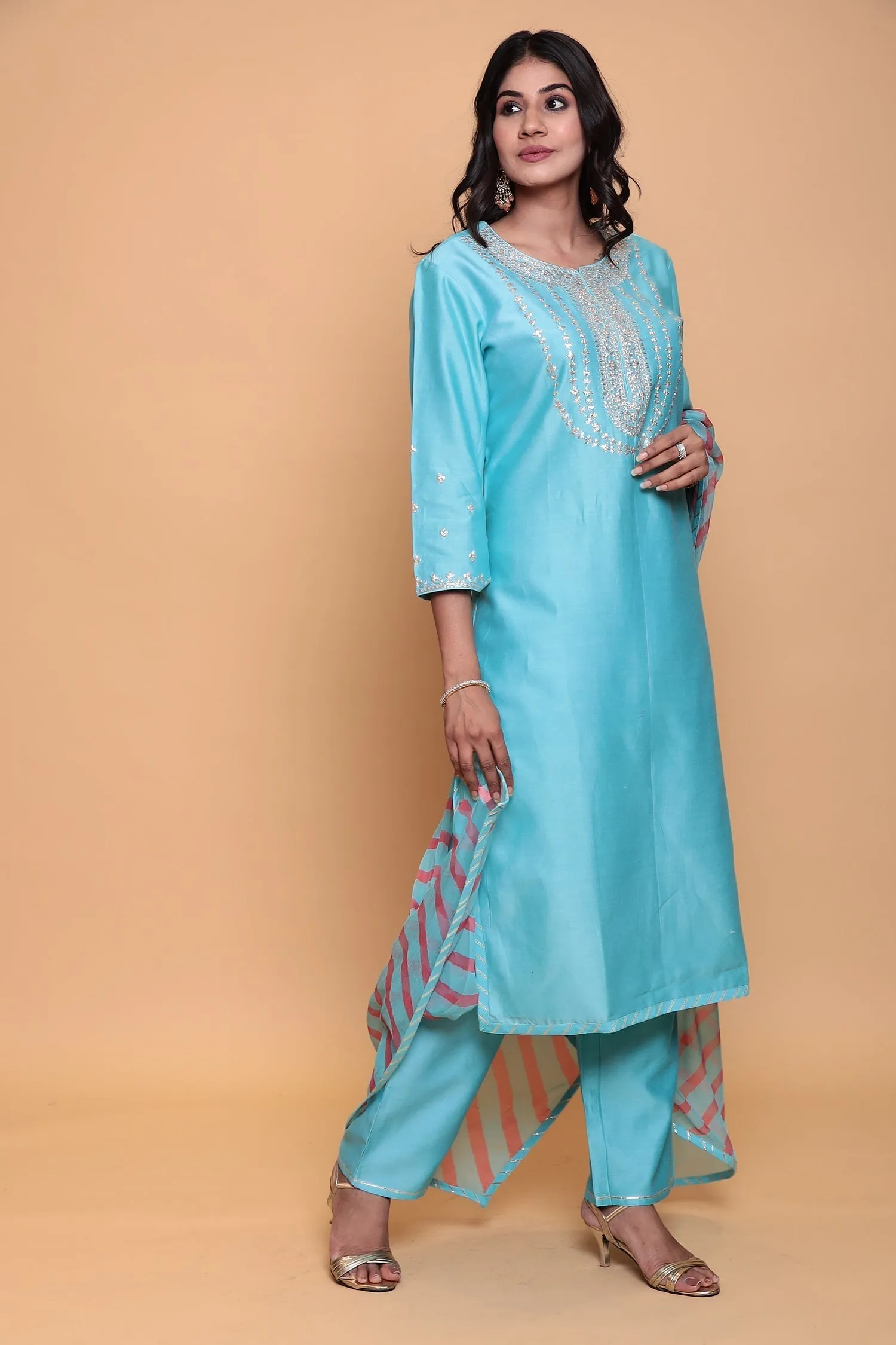 Cotton silk Kurta with Pittan work.