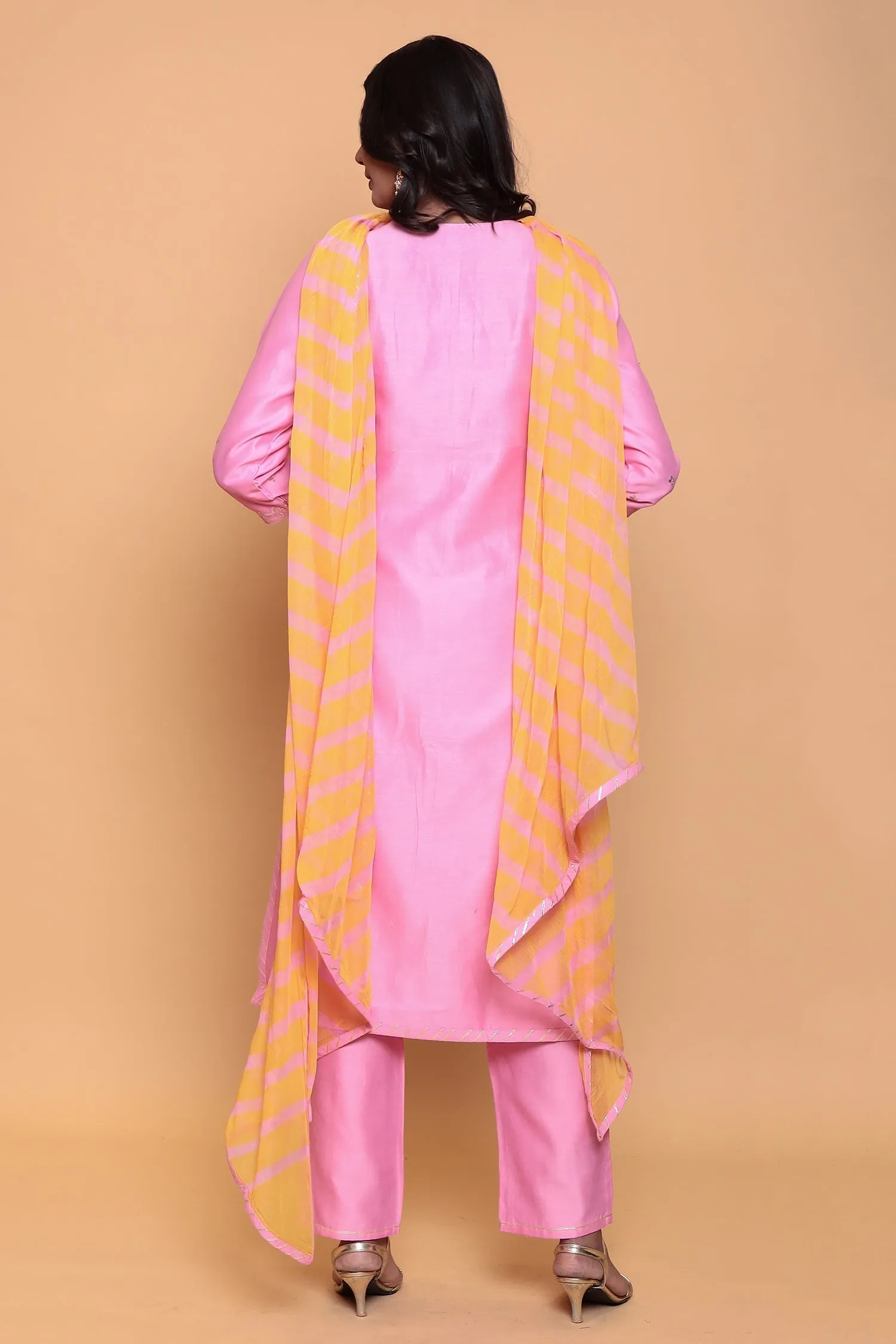 Cotton silk Kurta with Pittan work.