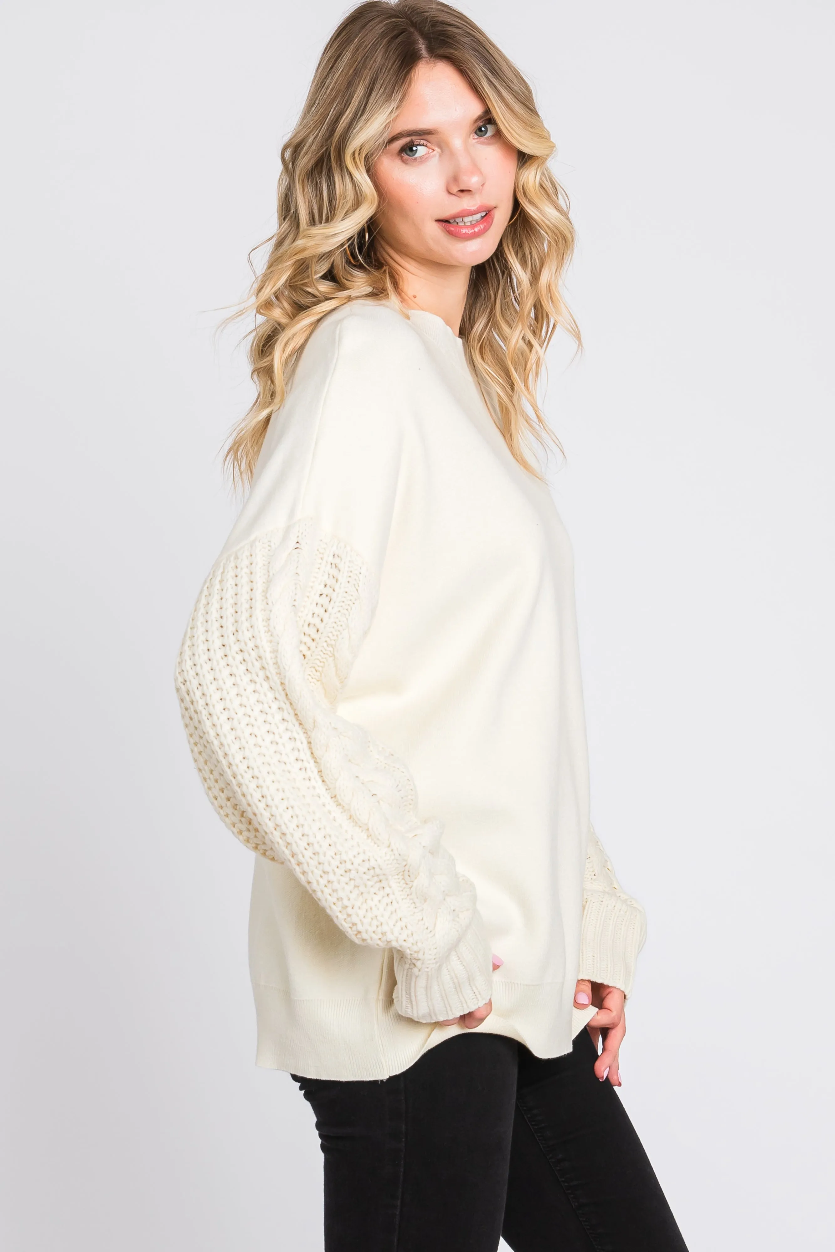 Cream Cable Knit Sleeve Sweater