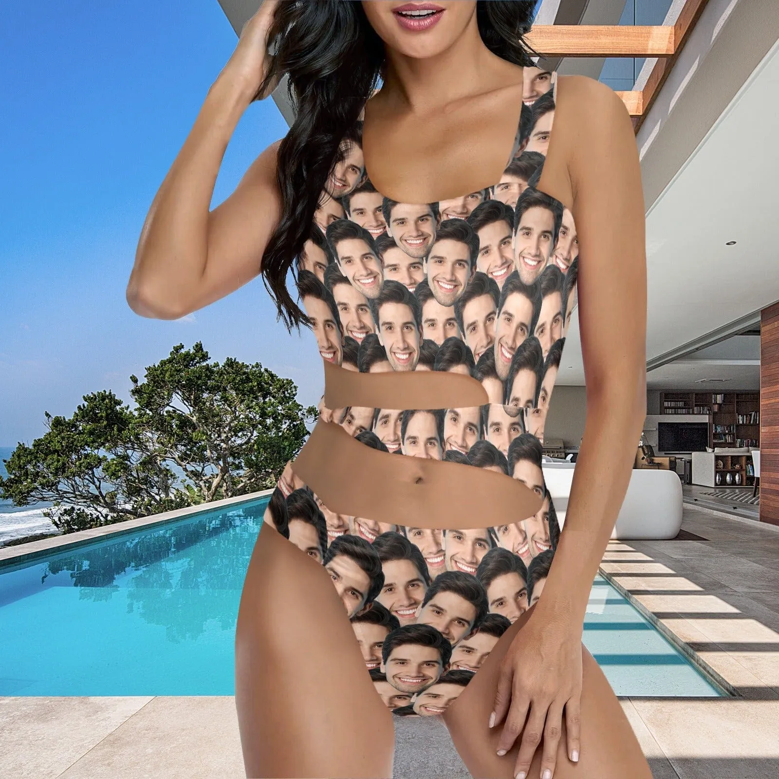 Custom Face Seamless Women's Waist Cutout One Piece Swimsuit Personalized Photo Bathing Suit