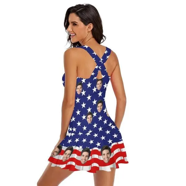 Custom Face Stars Strips Flag Swimdress For Women One Piece Swimsuit Custom Picture Bathing Suit