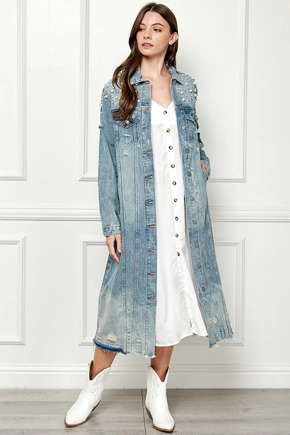 Distressed Pearl Detail Denim Jacket