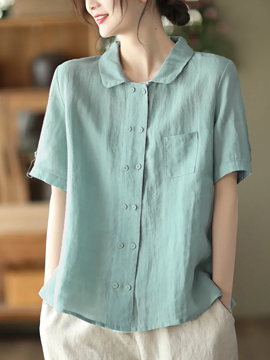 Double Breasted Ramie Casual Summer Women Shirt