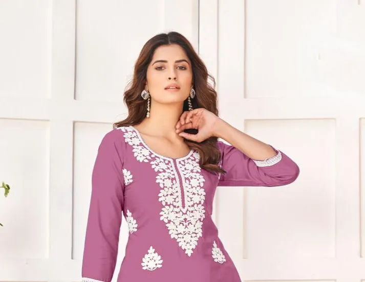 Embroidery Fancy Party wear Purple Chikankari Women's Kurti Palazzo Suit