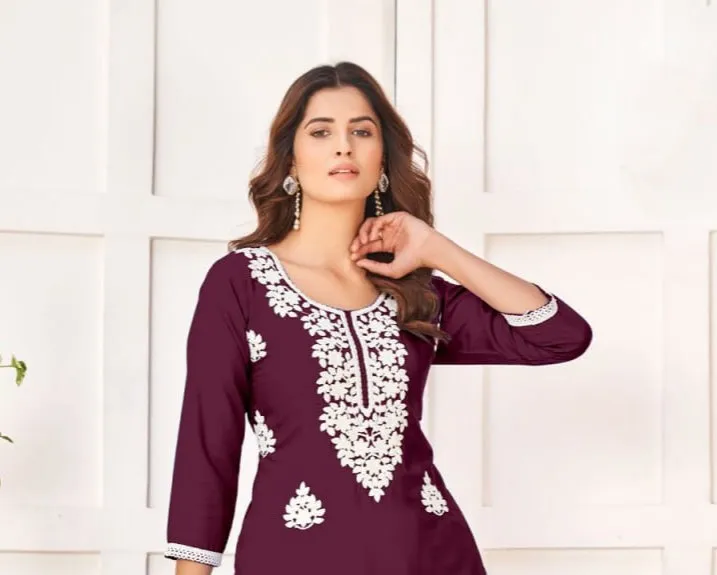 Embroidery Party wear Wine Women's Chikankari Kurti Palazzo Suit