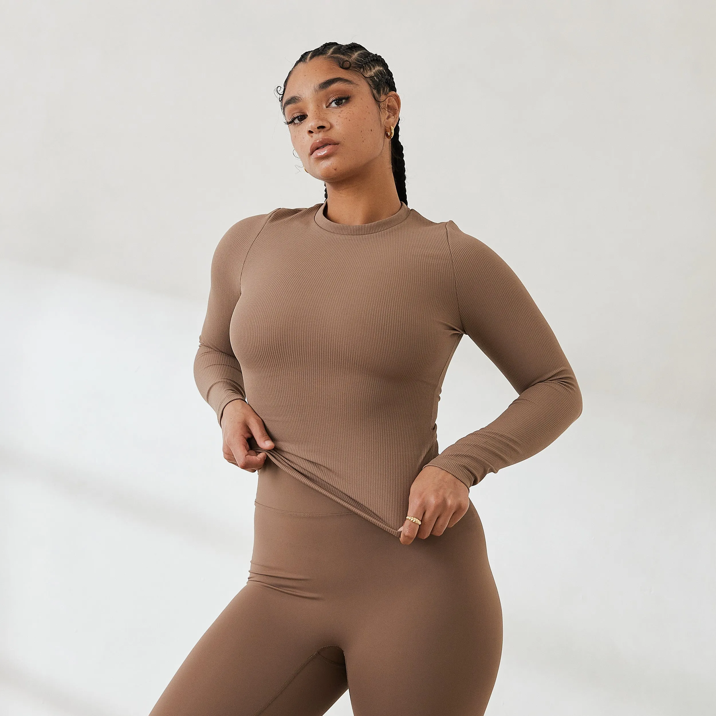 Essential Ribbed Long Sleeve Top - Coffee