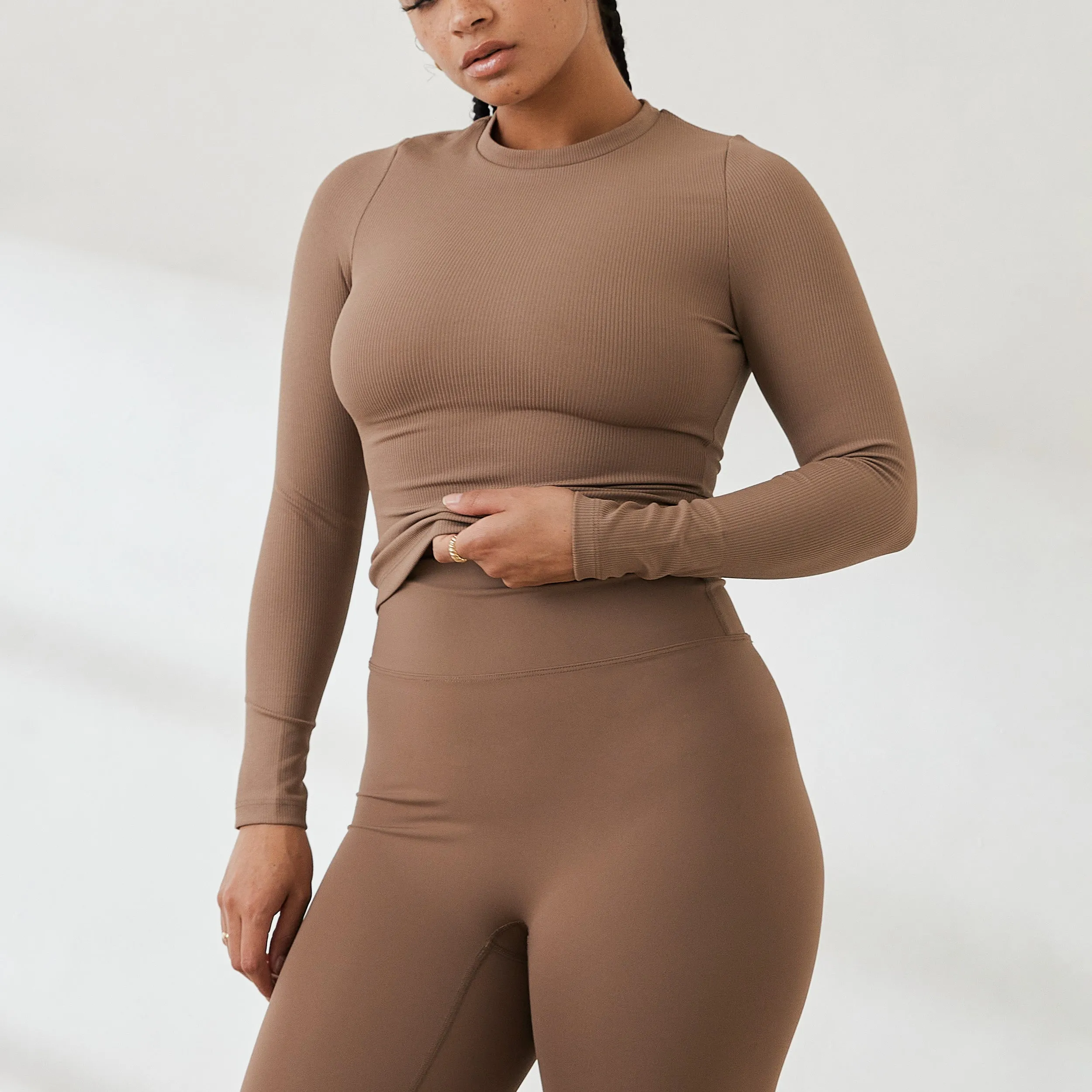 Essential Ribbed Long Sleeve Top - Coffee