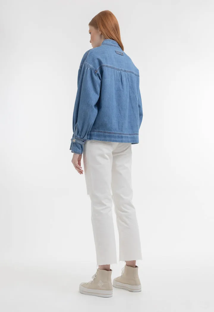 Front Pockets Denim Textured Outer Jacket