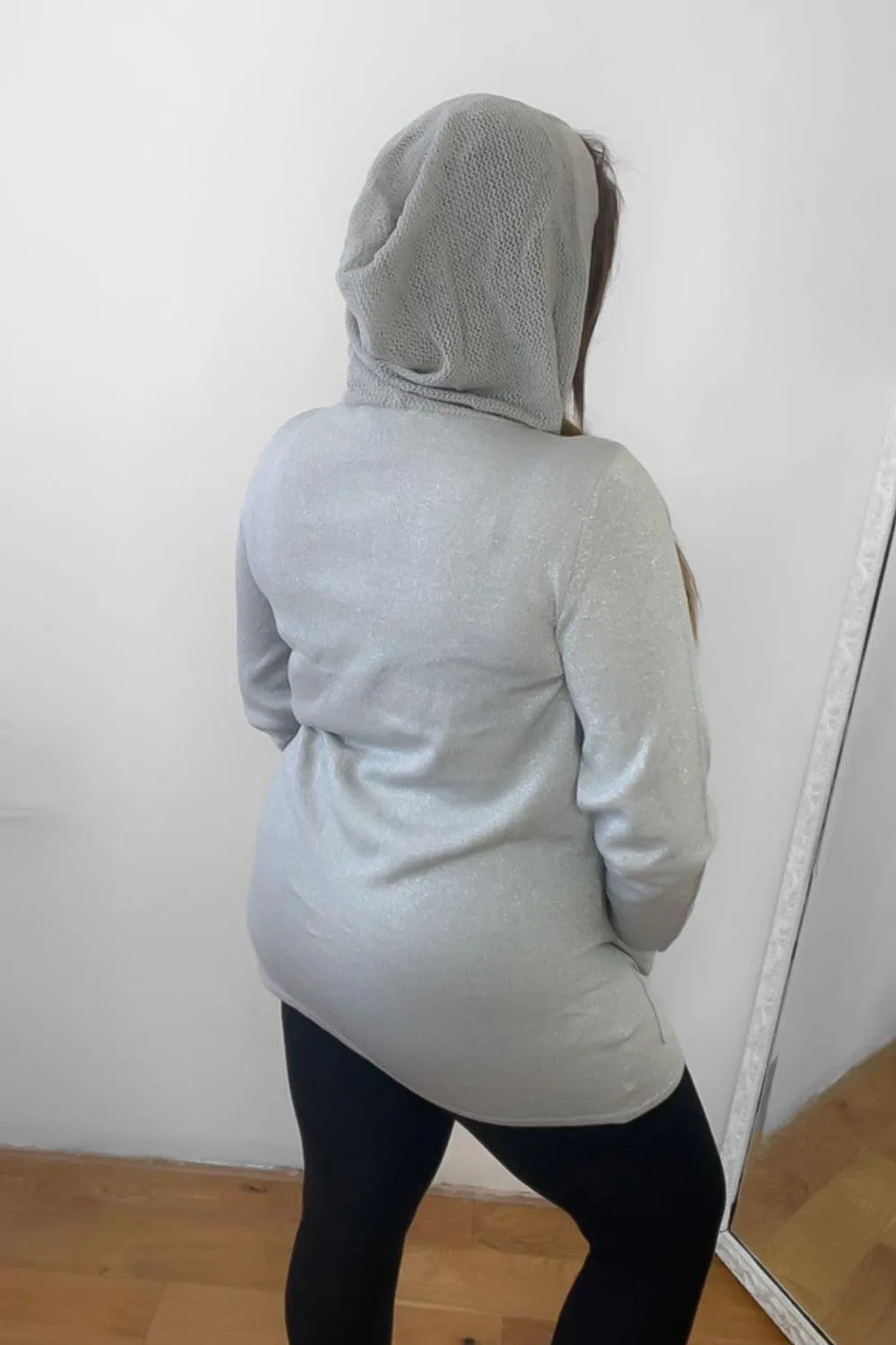 Grey Sheer Panels Hooded Cardigan