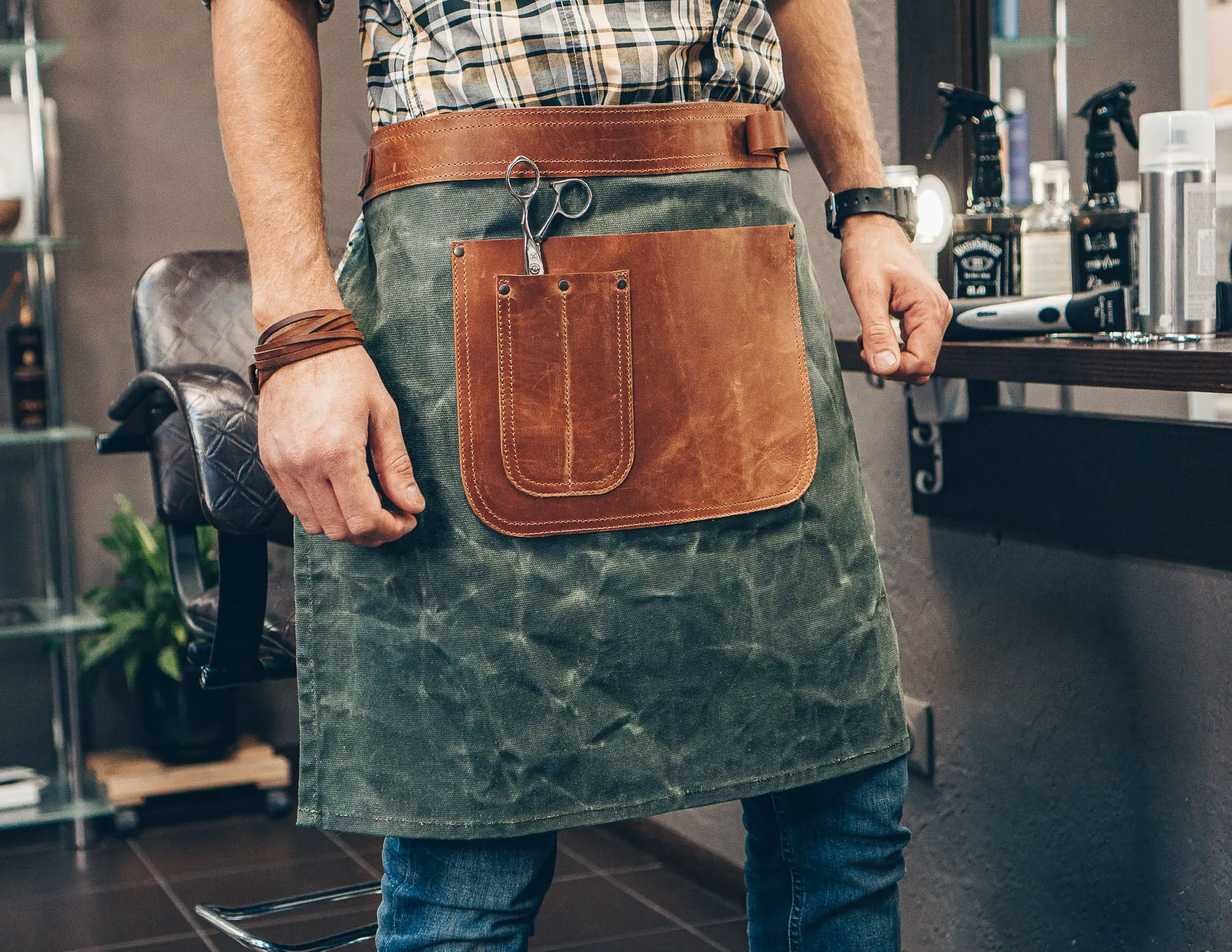 Half Waist Apron | Leather and Waxed Canvas | Handmade