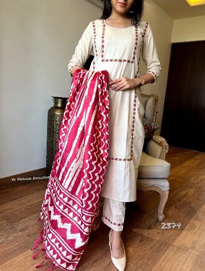 Handloom Khaadi Cream Pink Cotton Embroidery Suit