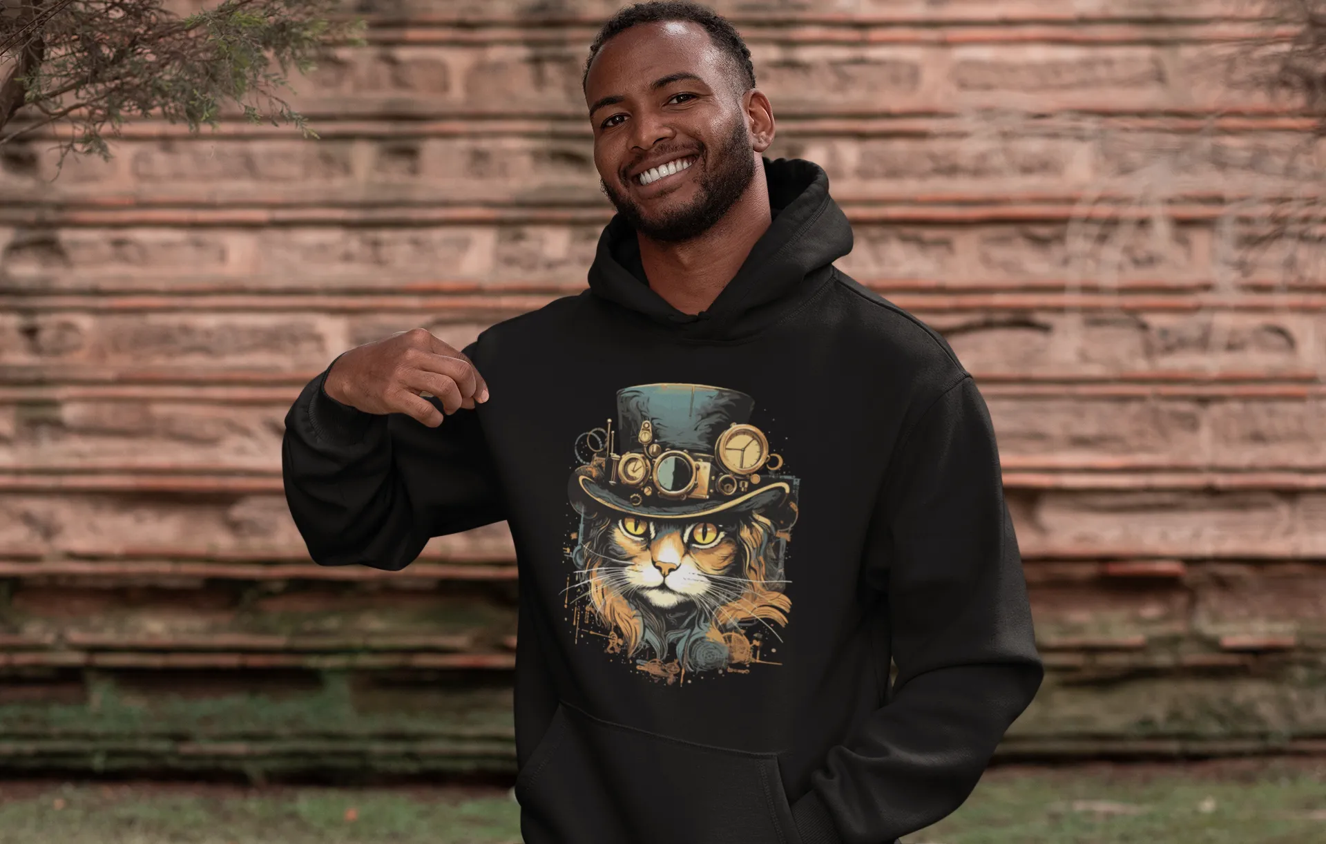 Mens Steampunk Cat Graphic Hoodie