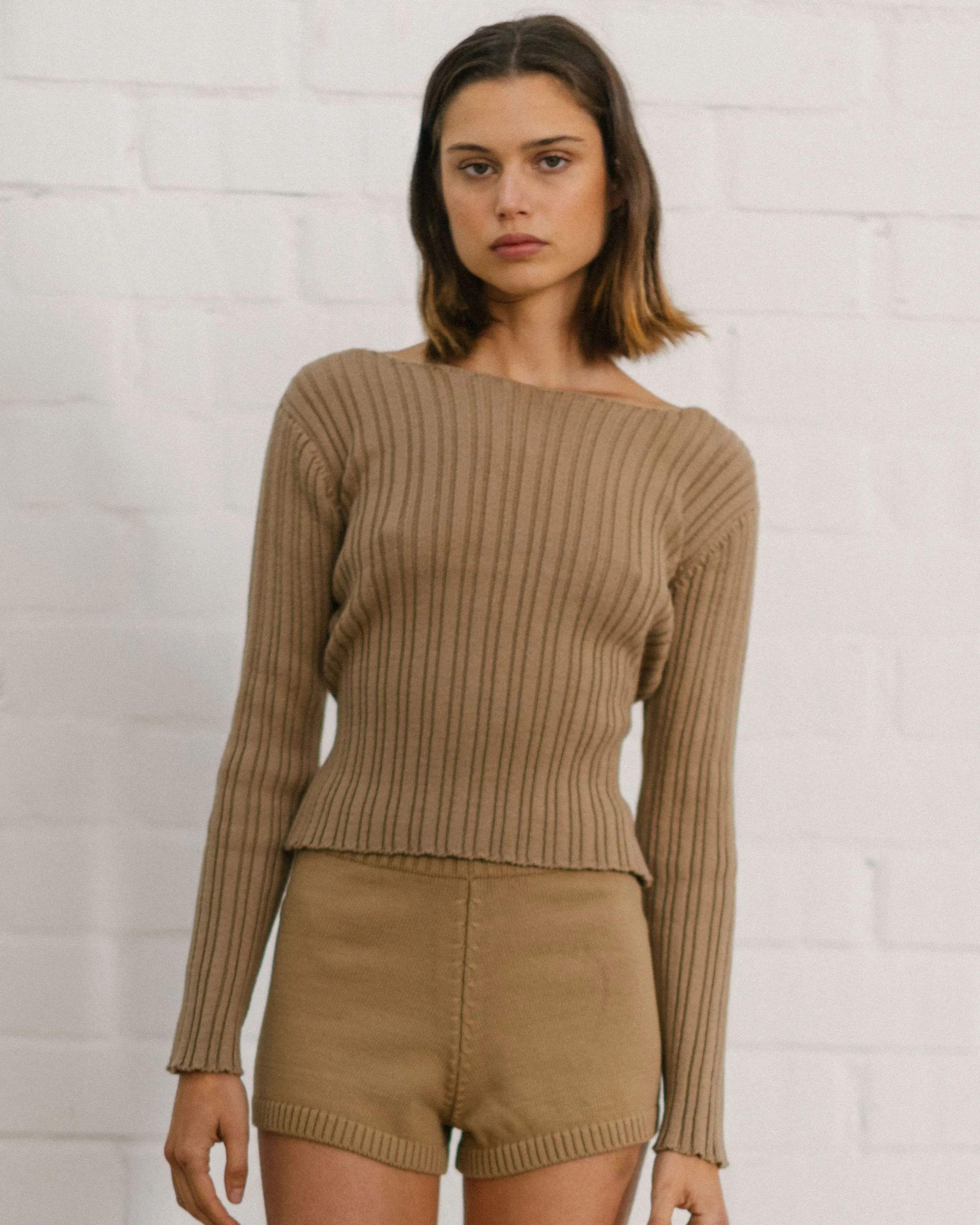 Honest Backless Knit Top Camel