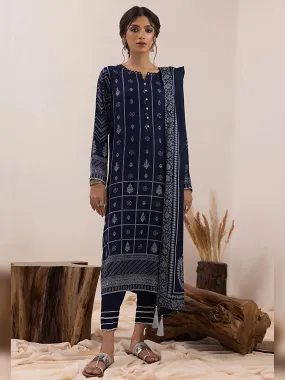 Lakhany Navy Unstitched Pashmina 3-Piece Suit (LG-AM-0050-A)