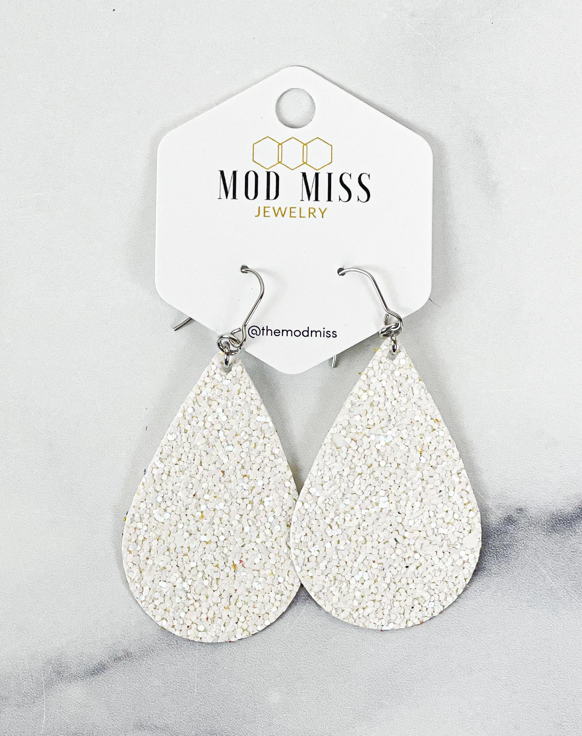 Leather Canvas Teardrop Earring Glitter White