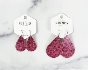 Leather Teardrop Earring Metallic Hot Pink