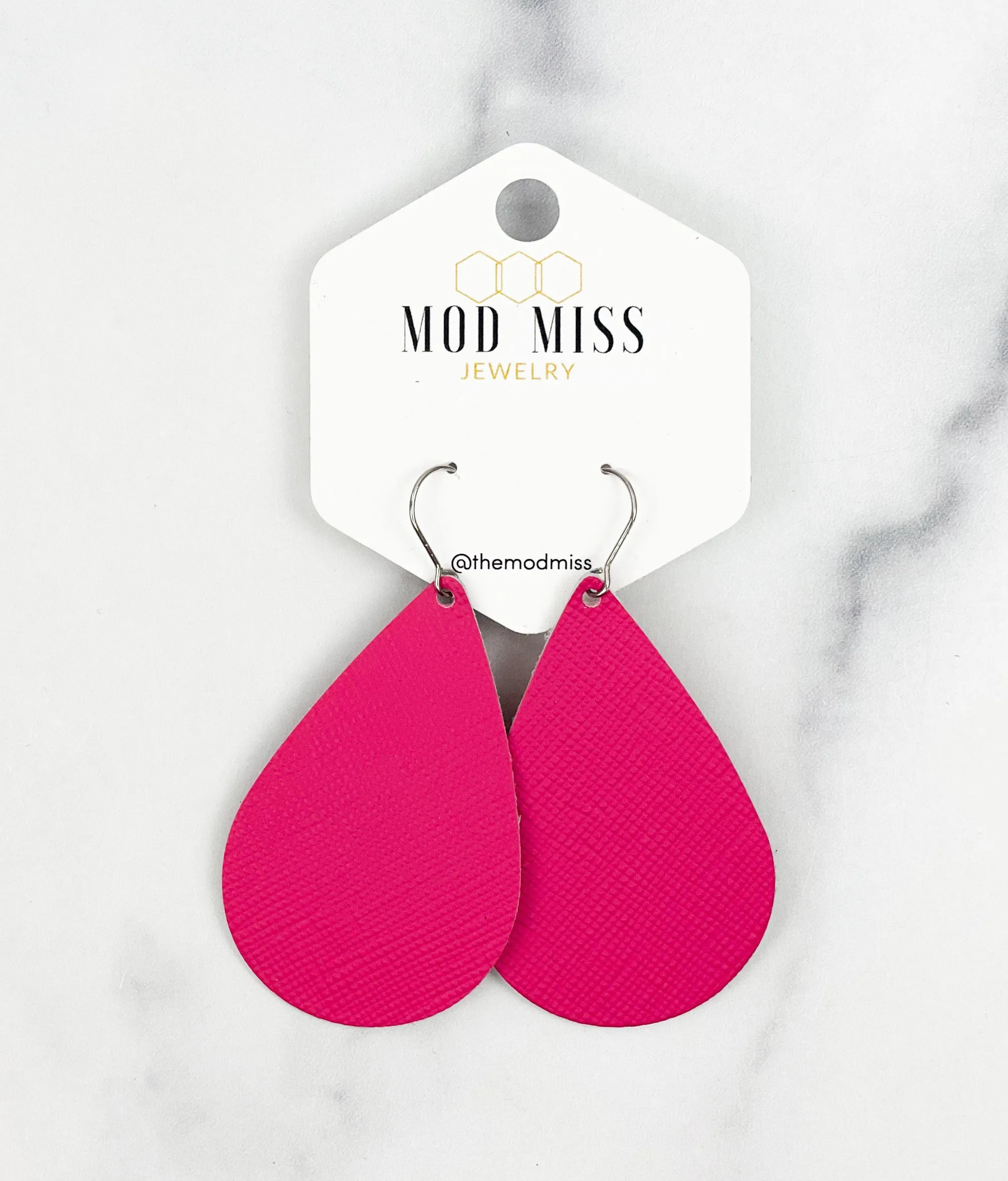 Leather Teardrop Earring Saffiano Pink