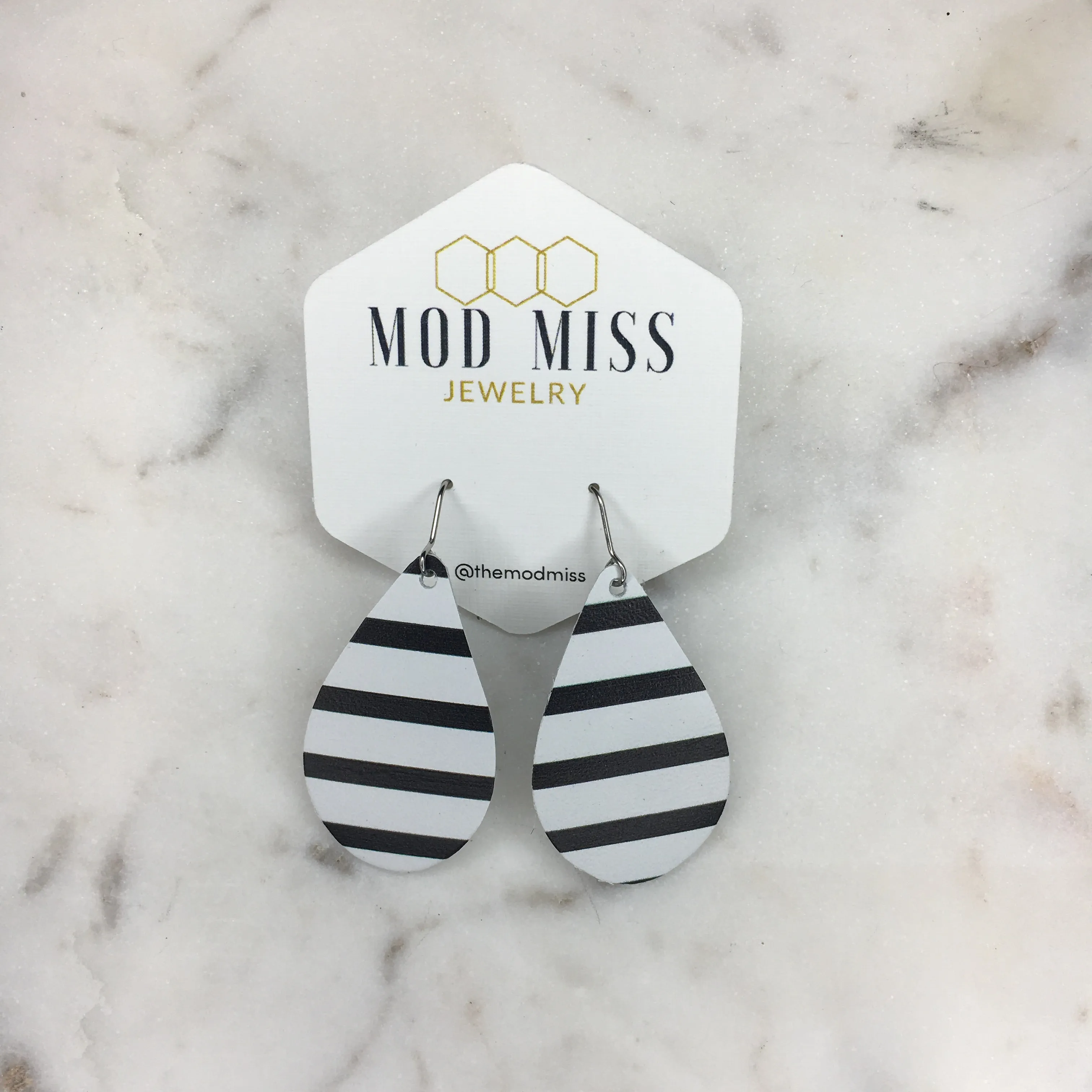 Leather Teardrop Earring Stripes Black & White ( Thick stripes)