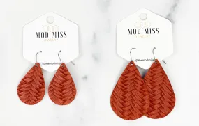 Leather Teardrop Earring Weaved Rust