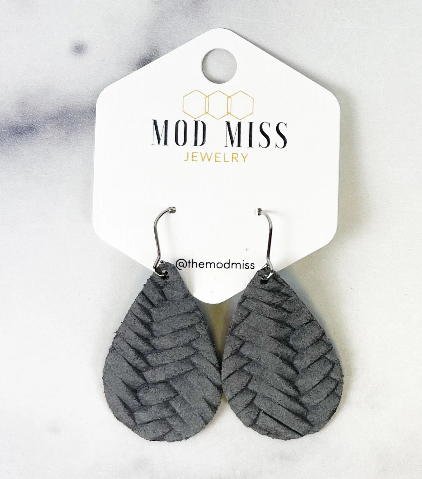 Leather Teardrop Earring Weaved Slate Gray