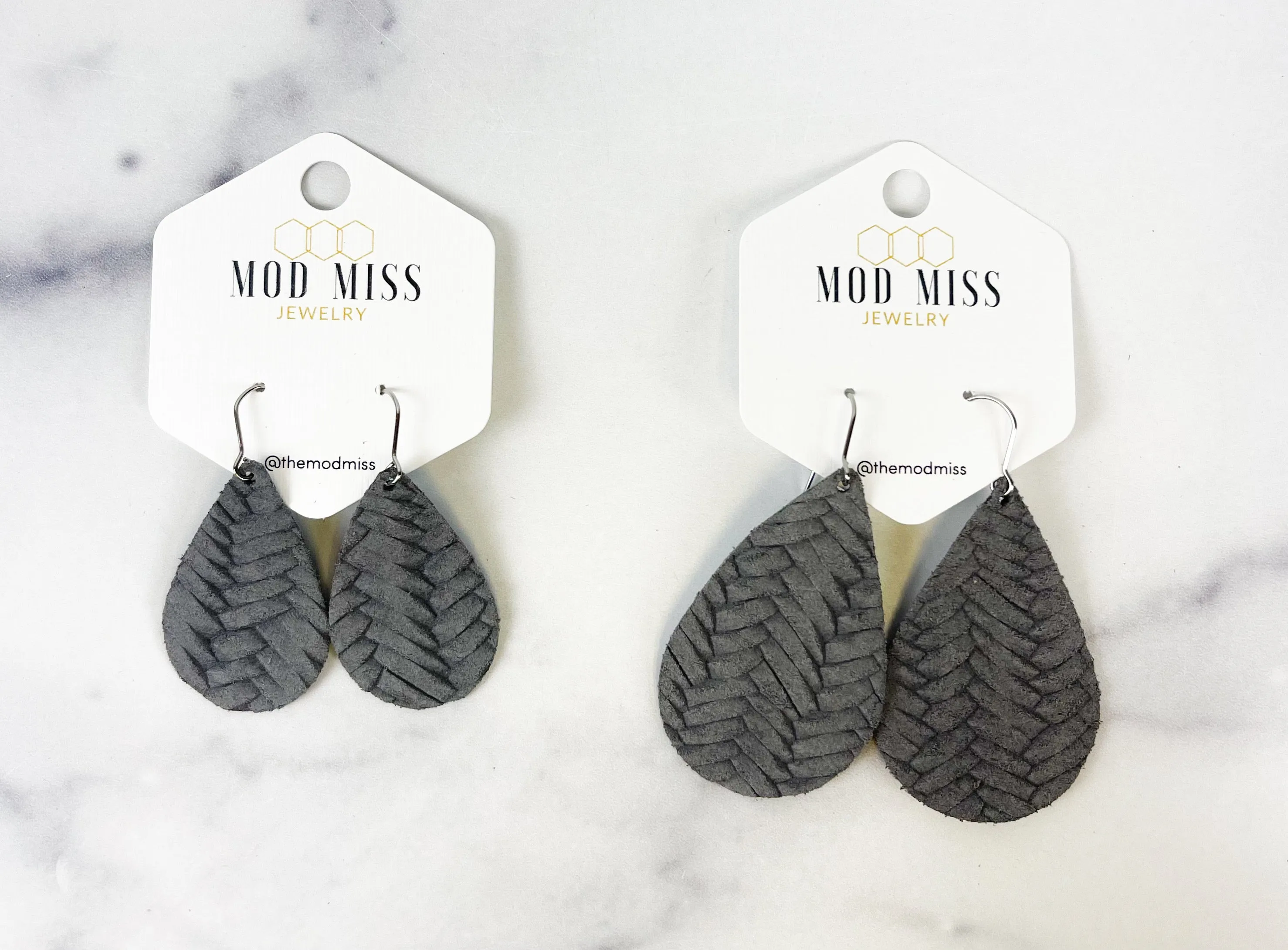 Leather Teardrop Earring Weaved Slate Gray