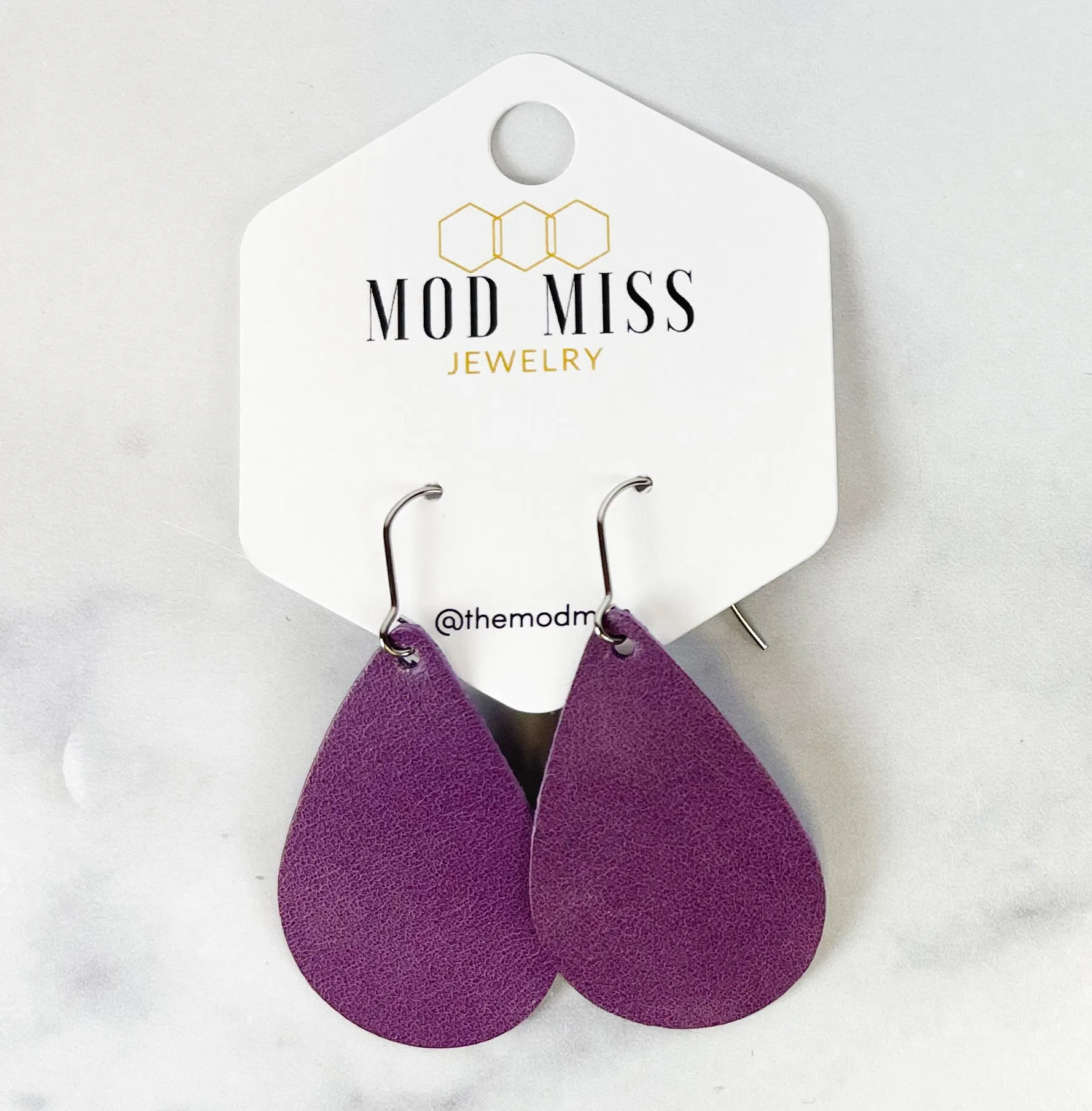 Leather Teardrop Earring Worn Lavender