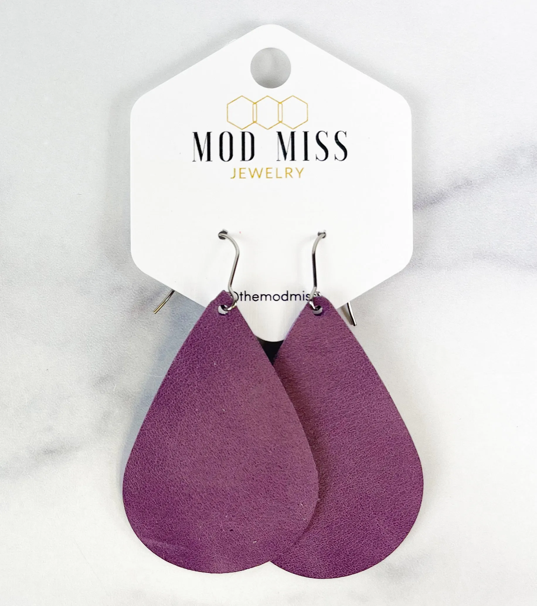 Leather Teardrop Earring Worn Lavender