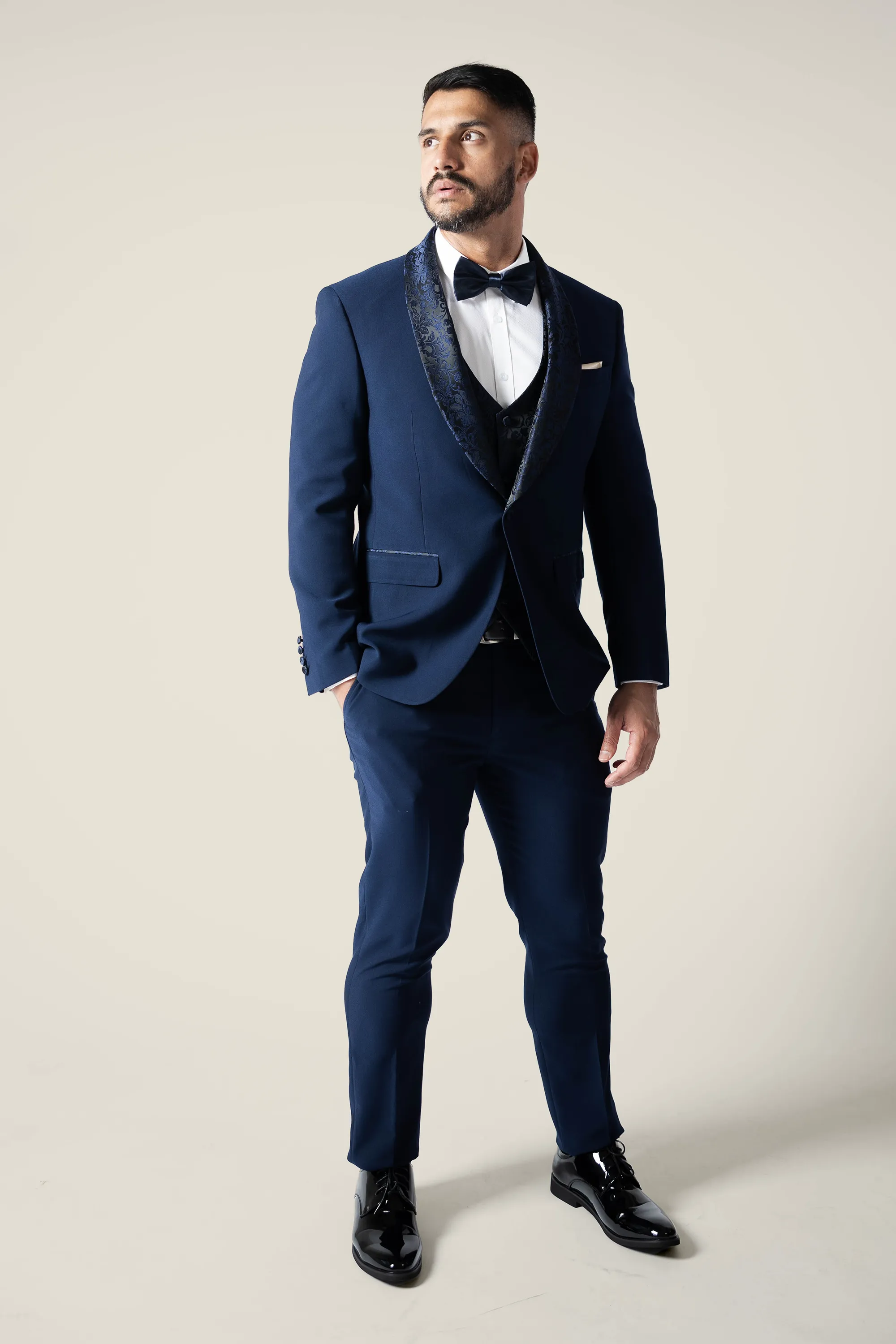 Mens Navy Tuxedo with Embroidery Lapel