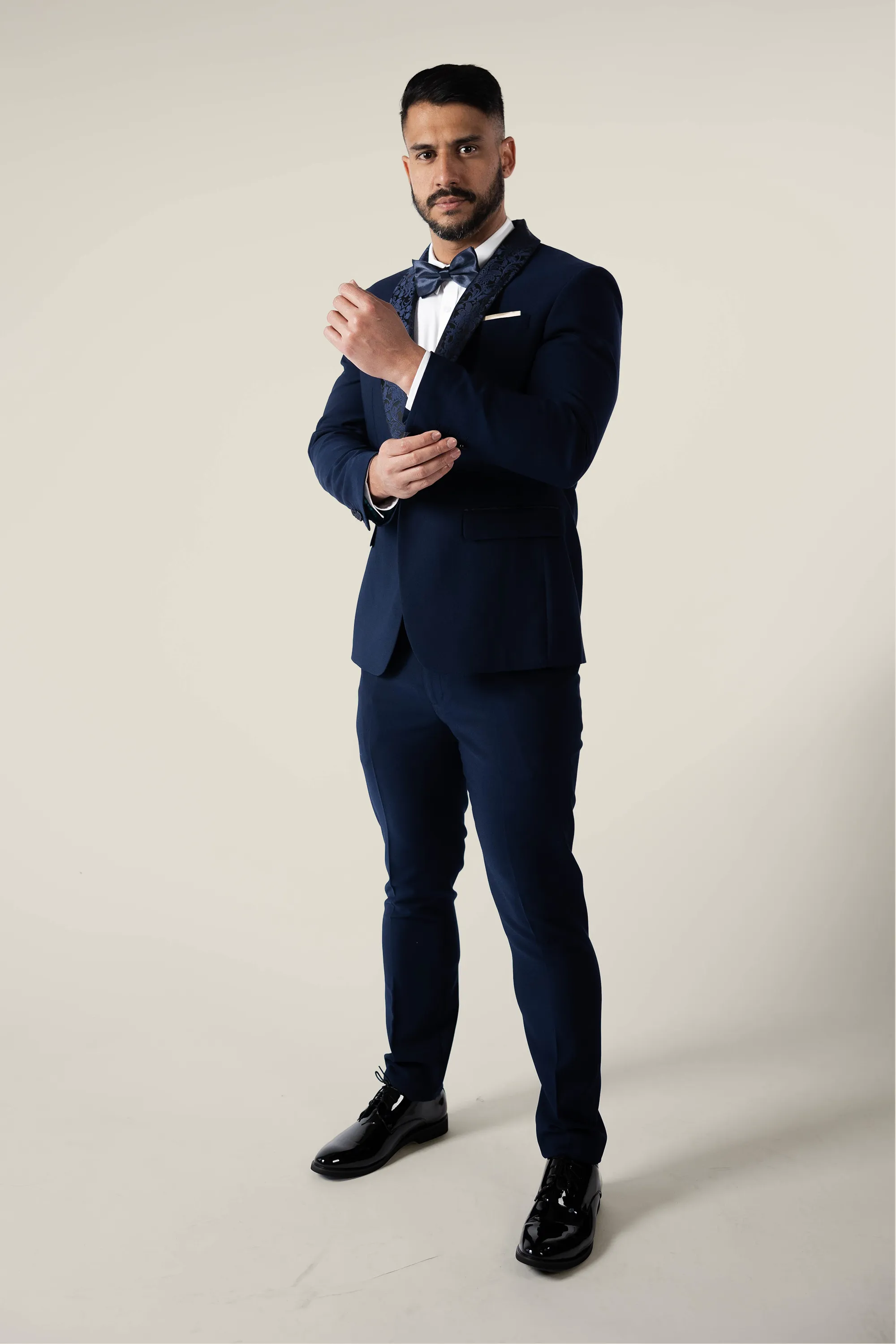 Mens Navy Tuxedo with Embroidery Lapel