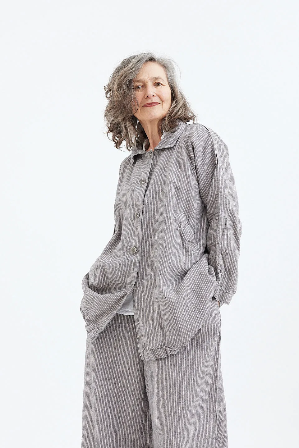 Metta - Garden Coat - Pebble Grey Stripe Linen