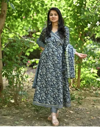 Navy Blue Cotton Gotta Work Printed Anghrakha Style Anarkali Suit Set