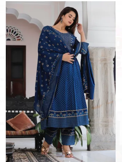 Navy Blue Embroidered ALineSalwar kameez Dupatta