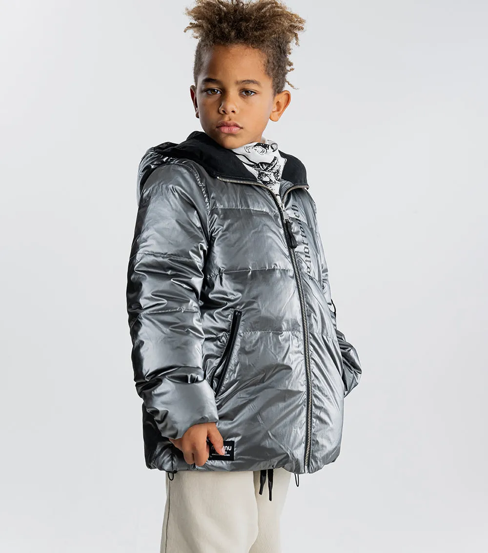 NUNUNU FW23 Sun Inked Hooded Down Jacket in Titanium