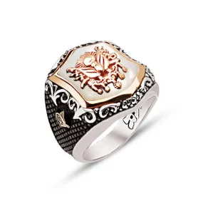 Ottoman Coat of Arms on Mother of Pearl Stone Hexagon Silver Men’s Ring Siding Bush Pattern and Ottoman Tughra